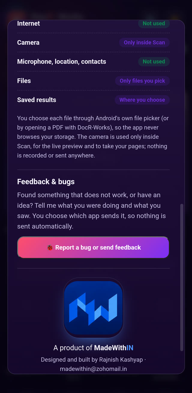 docR-Works on Android in the dark theme: the About screen listing permissions, with Internet not used and Camera only inside Scan, and the MadeWithIN logo at the bottom