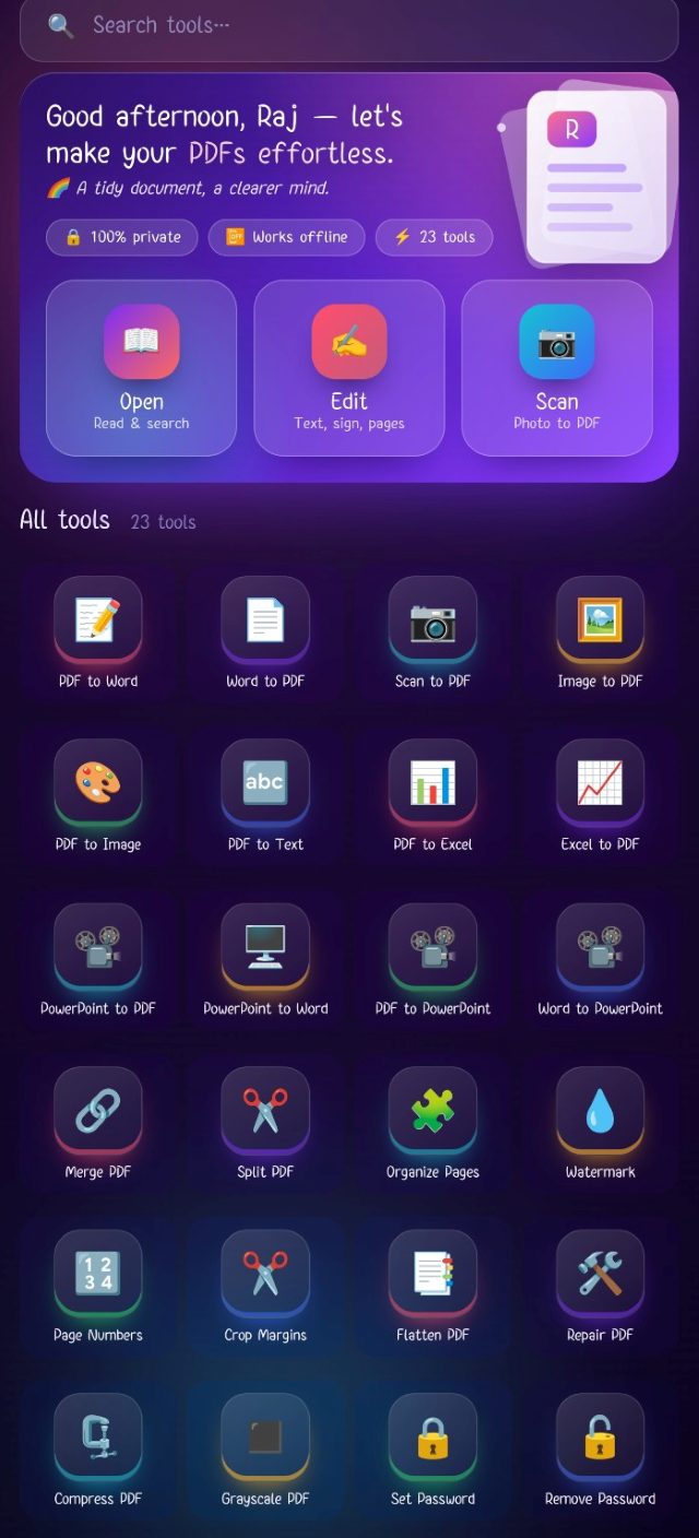 docR-Works on Android in the dark theme: the home screen with 100% private, works offline and 23 tools, and a grid of tools