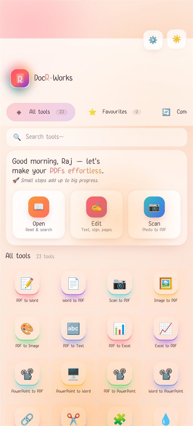docR-Works on Android: the home screen listing 23 tools, including PDF to Word, Word to PDF, Scan to PDF and Image to PDF