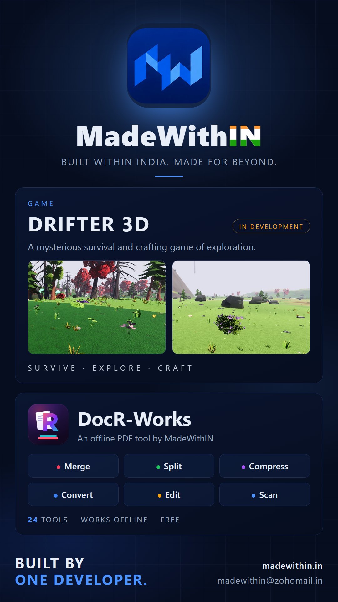 MadeWithIN studio poster: the logo and tagline, Drifter 3D with two work-in-progress game screenshots, and docR-Works, an offline PDF tool with 23 tools